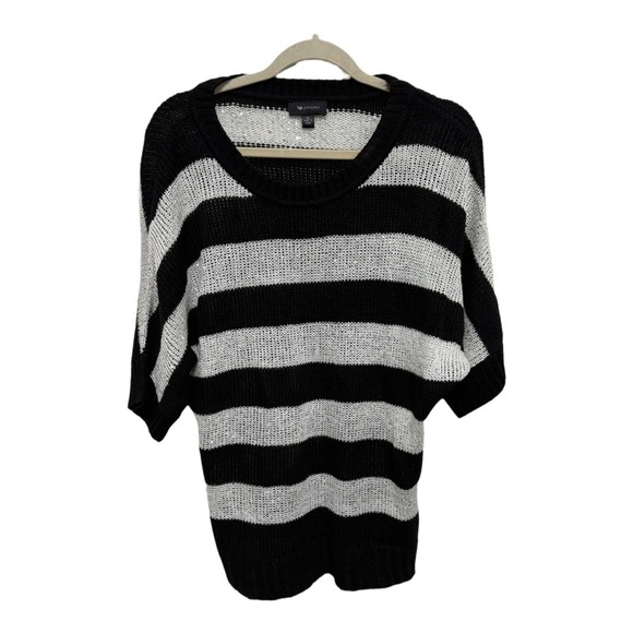 AB Studio Black White Striped Color Block Short Sleeve Sequin Sweater Size XL - Picture 1 of 6